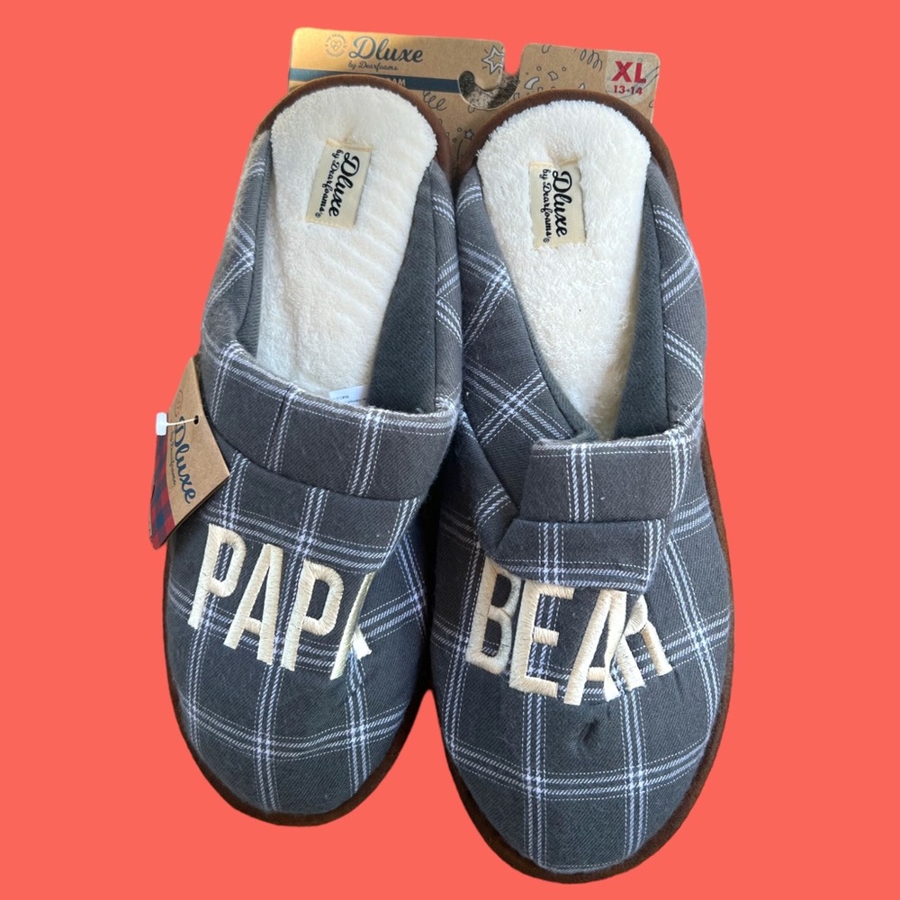 Dearfoams Men's Dluxe Gray Memory Foam Slippers PAPA BEAR Father’s Day Gift NWT.
